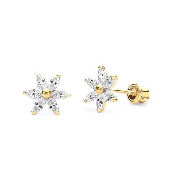 14k Yellow Gold Flower Stud Earrings with Screw BackBirthday Gift